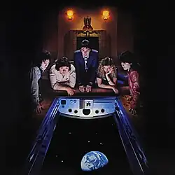 A group of five people looking through an open hatch that reveals Earth