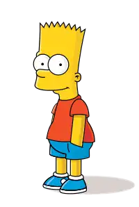 A cartoon image of a yellow boy with yellow, spiky hair, wearing a red T-shirt, blue shorts, and blue shoes.