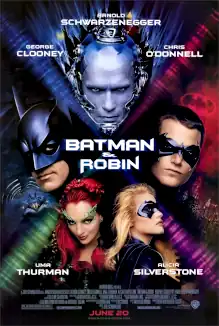 The poster is divided diagonally, with the characters' heads shown in each section: Batman on the left, Mr. Freeze on top, Robin on the right, and Poison Ivy and Batgirl are below.