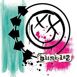 A smiley face with Xs for eyes along with five arrows pointing left in black on a white background smeared with blue and pink color.