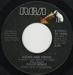 The cover art for David Bowie's 1977 single "Sound and Vision", featuring a profile of Bowie with the words "David Bowie Sound and Vision" in big letters, the title "A New Career in a New Town" to his left, and "RCA" in the bottom right hand corner