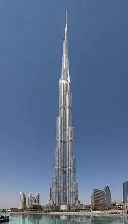 Photograph from the ground of the Burj Khalifa in Dubai, United Emirates, the tallest building in the world.