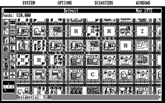 SimCity in 640&nbsp;×&nbsp;200 monochrome. Note the use of dithering to simulate gray tones and non-square pixel ratio that deforms the fonts.