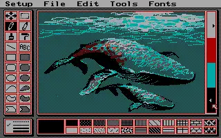 PCPaint in 320&nbsp;×&nbsp;200 3rd palette low intensity, showing a typical low resolution interface. Note the use of dithering to overcome the CGA palette limitations.