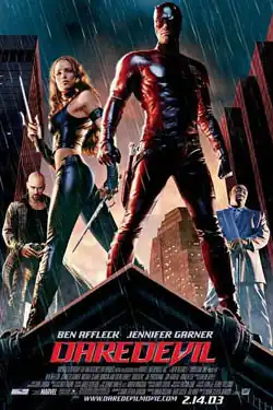 A man in a red mask and red leather suit stands at a rooftop corner, in the rain. A woman stands near him with two forked weapons. In the background stands a bald white man in a long leather jacket, and a bald black man in a white business suit.