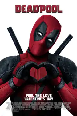 Deadpool, in his traditional red and black suit and mask, has his hands forming a heart, and the film's name above him with credits and billing below him.