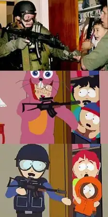 Montage: On top, an armored man with a rifle reaches for a scared young boy being held in the arms of an adult male in an open closet. On bottom, a frame from an animated show mimicking the picture above, with an adult female instead holding a young boy.