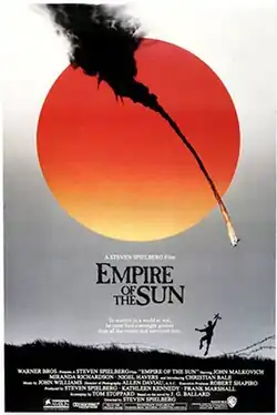 Against the backdrop of orange sun is the smoke trail of a falling aircraft. In the foreground is the silhouette of a boy jumping for joy.
