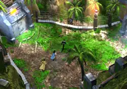 A horizontal rectangular video game screenshot that is a digital representation of an overhead view of an interior facility. The facility has a wide dirt and grassy path with tall grated fences that connects large gates. Three characters run in a line on the path.