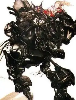 An Art Nouveau and surrealist style painting of a blonde girl in colorful clothes atop a large dark bipedal robotic mount.