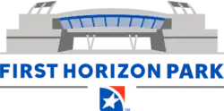 A gray silhouette of the ballpark's facade with "First Horizon Park" written in blue below