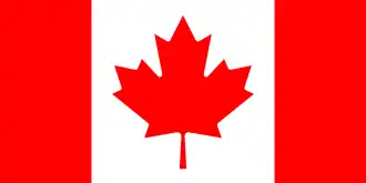 The maple leaf flag of Canada, adopted in 1965. The red color comes from the Saint George's Cross of England.