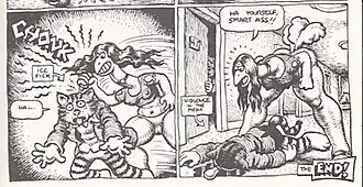 An anthropomorphic ex-girlfriend stabs Fritz in the head with an ice pick, as on the right side of the comic, Fritz bleeds to death on the ground while his ex-girlfriend mocks him.