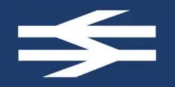 A logo that is the Double Arrow, but flipped and white on dark blue instead of white on red