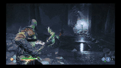 A GIF that shows the character Kratos throwing his weapon, the Leviathan Axe, at an enemy, magically freezing it in place. Important character information is shown in both bottom corners.