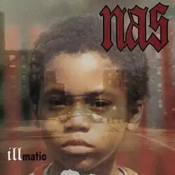 A photo of Nas as a child, superimposed upon a photo of a city block.