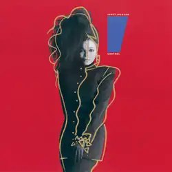 A young woman poses in front of a red background. She is wearing a long black button-up jacket with matching gloves, pants, and a headdress. The headdress flips her black hair forward over the right side of her face. To her left is a blue trapezoid that tapers downward, and reads "Janet Jackson" above it and "Control" below.