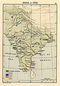 The Indian peninsula in 1700, showing the Mughal Empire and the European trading settlements