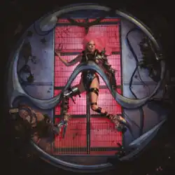 Lady Gaga lays on top of a grate with pink light underneath. A metal sculpture of a sine wave logo pins Gaga to the grate.
