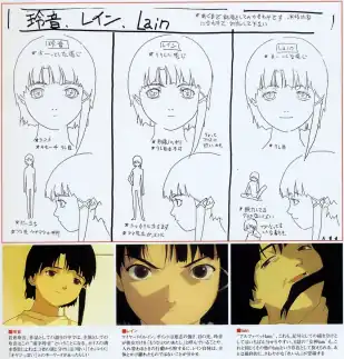 A series of drawings depicting the different personalities of Lain—the first shows shy body language, the second shows bolder body language, and the third grins in an unhinged fashion.