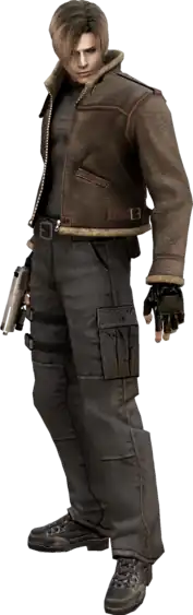 A special agent who is wearing a brown jacket and holding a gun.