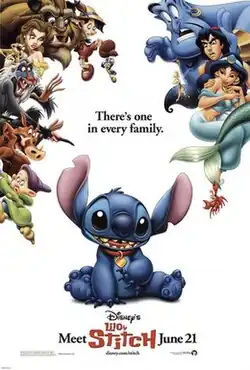 Clockwise from left: Disney animated characters Dopey, Pumba, Rafiki, Belle, Beast, Pinocchio, Jiminy Cricket, Genie, Tinker Bell, Aladdin, Jasmine, and Sebastian (hanging on Ariel's tail) all stare down at Stitch in shock and disgust, except Jasmine, who looks in awe.