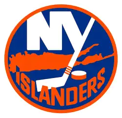 Inside a blue circle, with orange and white borders, the letters "NY" are joined together with the "Y" hockey stick facing downwards, next to a hockey puck. Behind the image, a map of Nassau and Suffolk counties joined together. At the bottom, the teams' name wrapping around in Orange with the tip of the "I" in blue, pointing towards Uniondale in Nassau County.