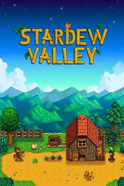 Front cover of the video game Stardew Valley showing two characters and multiple animals on a farm.