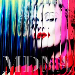 Close-up of Madonna in front of a colorful background. The deluxe cover of the album is distorted through the use of a glass-pane like filter, giving it a wavy appearance. The 12 layers of colors symbolize her twelfth album.