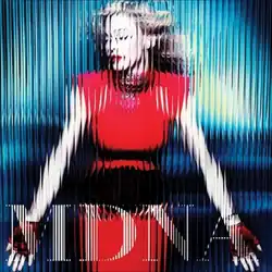 A medium shot of Madonna posing behind refracted glass-pane filter.