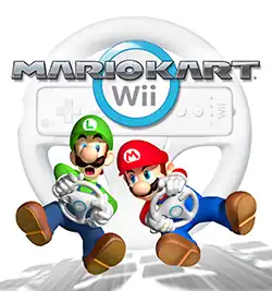 Square artwork with the game's title taking up most of the upper third of the piece. Below the title are 3D renderings of two cartoon-style video game characters, one in a green shirt and the other in a red shirt, floating above the ground in seated positions. They both are wearing blue overalls while holding white steering wheels. Directly below each character is the silhouette shadow of a small racing kart on the ground.