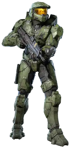 An image of the article subject, a soldier encased in a black undersuit, with worn greenish metal armor worn over it. He carries a long, black weapon in his right hand, and wears a helmet with a golden, reflective visor.