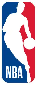 NBA logo, consisting of blue and red superimposed by a white silhouette of basketball player dribbling