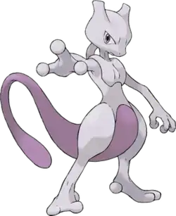 A large white and purple creature standing upright with its right arm outstretched towards the viewer. It has a feline-shaped head, long purple tail and stomach, enlarged thighs, three fingers, and two toes.