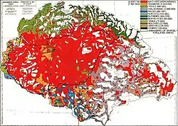The "Red Map",[135] based on the 1910 census. Regions with population density below 20 persons/km2 (52 persons/sq&nbsp;mi)[136] are left blank and the corresponding population is represented in the nearest region with population density above that limit. Red colour to mark Hungarians and light purple colour to mark Romanians.