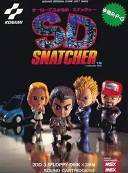 Video game cover depicting four figures with oversized heads with a vehicle in the background upon a reflective surface. The top text gives the game's title as "SD Snatcher". Text at the bottom indicates that the game is intended for the MSX2 platform.