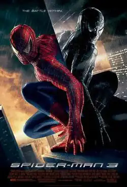 Spider-Man in the rain in his original suit looks at a reflection of himself wearing his black suit in the window of a building, with the film's slogan, title, release date, and credits below.