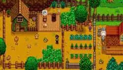 Gameplay screenshot of Stardew Valley showing the player character on a farm, surrounded by crops, farm animals and farm buildings