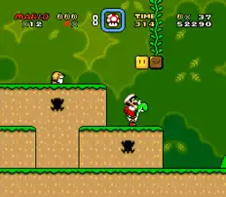 This screenshot shows Mario riding Yoshi during the first level of the game. The scenery shows a jungle environment with floating blocks scattered in the air. The interface displayed around the corners shows the number of lives the player has, the Yoshi Coins collected, the player's stored power-up, the level's remaining time, the player's number of coins, and the total score of the player.