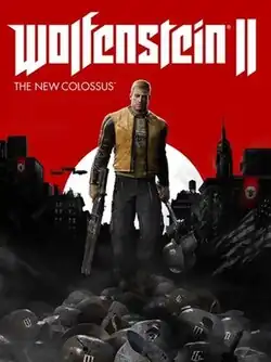 The game's cover art. The text "Wolfenstein II" is in the center, with the text "The New Colossus" written underneath it, aligned to the left. Underneath and in front of the text is the game's protagonist, B.J. Blazkowicz, walking through a pile of enemy soldiers with Nazi buildings in the background.