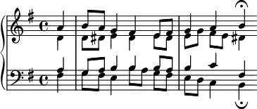 
    {
      \new PianoStaff <<
        \new Staff <<
            \new Voice \relative c'' {
                \stemUp \clef treble \key e \minor \time 4/4
                \partial4 a4 b8 a g4 fis e8 fis g4 a b \fermata
                }
            \new Voice \relative c' {
                \stemDown
                \partial4 d4 d8 dis e4 dis e8 dis e[ g] fis e dis4
                }
            >>
        \new Staff <<
            \new Voice \relative c' {
                \stemUp \clef bass \key e \minor \time 4/4
                \partial4 a g8 a b4 b b8 a b4 c fis,
                }
            \new Voice \relative c {
                \stemDown
                \partial4 fis4 g8 fis e4 b'8[ a] g fis e d c4 b_\fermata
                }
            >>
    >> }
