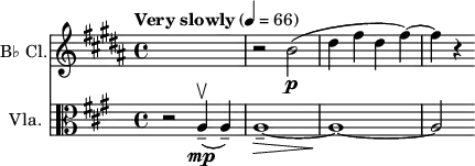 
\layout { indent = 1\cm }
\relative c''
<<
\new Staff \with { instrumentName = "B♭ Cl." } { \set Staff.midiInstrument = "clarinet" \clef treble \transposition bes \key b \major \time 4/4 \tempo "Very slowly" 4 = 66 { s1 | r2 b\p( | dis4 fis dis fis)~ | fis r } }
\new Staff \with { instrumentName = "Vla." } { \set Staff.midiInstrument = "violin" \clef alto \key a \major \time 4/4 \tempo "Very slowly" 4 = 66 { r2 a,,4\mp--\upbow( a--) | a1--~\> | a1~\! | a2 } }
>> 