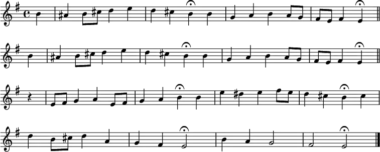 \new Staff <<
\time 4/4
\key e \minor
\partial 4
\relative c'' {
\set Staff.midiInstrument = "flute"
\set Score.tempoHideNote = ##t
\override Score.BarNumber #'transparent = ##t
\repeat unfold 2 { b4 | ais b8 cis d4 e | d4 cis b\fermata
b | g a b a8 g | fis e fis4 e\fermata \bar "||" \break }
r4 | e8 fis g4 a e8 fis | g4 a b\fermata
b | e dis e fis8 e | d4 cis b\fermata
cis \break | d b8 cis d4 a | g fis e2\fermata |
b'4 a g2 fis e\fermata \bar"|."
}
>>
\layout { indent = #0 }
\midi { \tempo 4 = 80 }