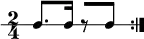 
\new RhythmicStaff {
   \clef percussion
   \time 2/4
   \repeat volta 2 { c8. c16 r8[ c] }
}
