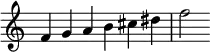 {
\override Score.TimeSignature #'stencil = ##f
\relative c' {
\clef treble \time 6/4
f4 g a b cis dis f2
} }