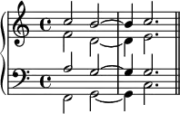 \new PianoStaff <<
\new Staff <<
\new Voice \relative c'' {
\stemUp \clef treble \key c \major \time 4/4
c2 b^~ b4 c2.
}
\new Voice \relative c' {
\stemDown
f2 d_~ d4 e2.
}
>>
\new Staff <<
\new Voice \relative c' {
\stemUp \clef bass \key c \major \time 4/4
a2 g^~ g4 g2.
}
\new Voice \relative c, {
\stemDown
f2 g_~ g4 c2. \bar "||"
}
>>
>>