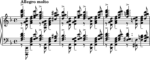 \relative c'' {
\new PianoStaff <<
\new Staff {
\key d \minor
<<
{ <f a d f>4.^\markup{\bold{Allegro molto}}-> <e g a e'>8
<d f a d>4.-> <cis g' a cis>8
<d g a d>4.-> <e g a e'>8
<d f a d>4.-> <e a d e>8
<f a d f>4.-> <e a d e>8
<f b d f>4.-> <d a' b d>8 }
\\
{ r8 <d, g a d> <f a d f>4--
r8 <a, e' g a> <d f a d>4--
r8 <d g a d> <e g a e'>4--
r8 <e a d e> <f a d f>4--
r8 <d g a d> <f a d f>4--
r8 <e b' d e> <f b d f>4-- }
>>
}
\new Staff {
\key f \major
\clef bass
<<
{ <f, a d f>4.-> <g a e'>8
<f a d>4.-> <e a cis>8
<f a d>4.-> <g a e'>8
<f a d>4.-> <g a d e>8
<f a d f>4.-> <f a d e>8
<f gis d' f>4.-> <e a b d>8 }
\\
{ r8 <d,, d'> <a'' d f a>4--
r8 <d, a'> <a' d f a>4--
r8 <d, a'> <a' e' g a>4--
r8 <d, a'> <a' d f a>4--
r8 <d, a'> <a' d f a>4--
r8 <gis f'> <f' b d>4-- }
>>
}
>>
}