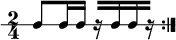 
\new RhythmicStaff {
   \clef percussion
   \time 2/4
   \repeat volta 2 { c8 c16 c r[ c c r] }
}

