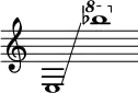 {
\new Staff \with { \omit Score.TimeSignature }
\key c \major \cadenzaOn
\clef treble e1 \glissando s \ottava #1 bes'''
}